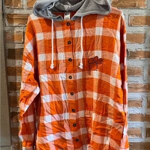 Orange & White Plaid Button-Up Hoodie with Paw Logo